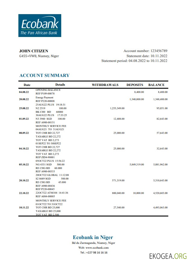 Relevé de la banque Ecobank du Niger
